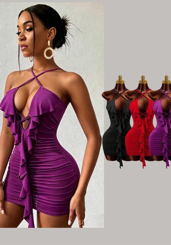 Ruched Dress Sexy Low Back V-Neck Bodycon Ruffle Mini Dress