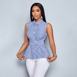 Striped Sleeveless Shirt Summer Lace-Up Slim Waist Slim Fit Women Vest