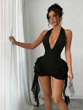 Summer Sexy Lace-Up V-Neck Halter Neck Low Back Side Tie Jumpsuit