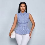 Striped Sleeveless Shirt Summer Lace-Up Slim Waist Slim Fit Women Vest
