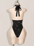 Summer Women Sequin Rhinestone Deep Neck One-Piece Sexy Swimsuit