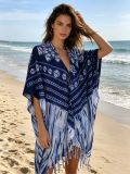 Navy Tie-Dye Plaid Tassel Knitting Beach Cover-Up Holidays Sun-Protective Cardigan