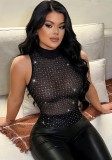 Fashion Sexy Women Black Stretch Tight-Fitting See-Through Mesh Stand Collar Tank Top