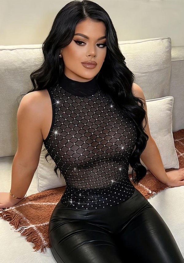 Fashion Sexy Women Black Stretch Tight-Fitting See-Through Mesh Stand Collar Tank Top