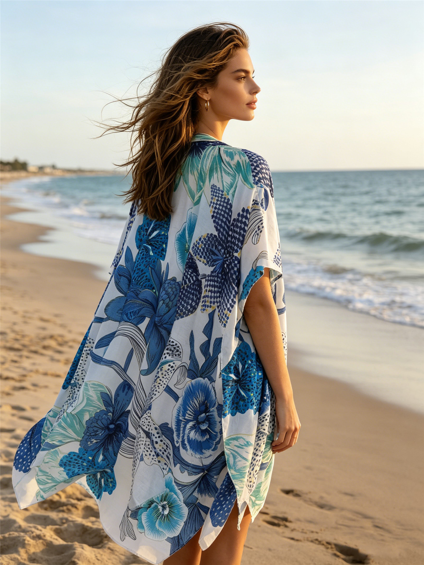 Tropical Plant Print V-Neck Loose Knitted Shawl Cover-Up Cardigan