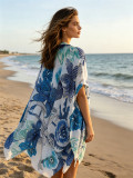 Tropical Plant Print Beach Cover-Up V-Neck Loose Knitting Shawl Cardigan