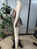 Fashion Leopard Print Halter Neck Lace-Up Vest Open Waist Sexy Ruffle Dress