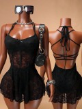 Lace Patchwork Chic Slim Waist Slim Fit Halter Neck Low Back Long Dress