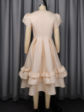 Plus Size Women Summer Champagne Floral Slim Waist Puff Dress Formal Party Dress