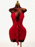 Ruched Dress Sexy Low Back V-Neck Bodycon Ruffle Mini Dress