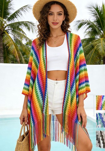 Rainbow Stripe Crochet Hollow Beach Cover-Up Tassel Loose Boho Cardigan