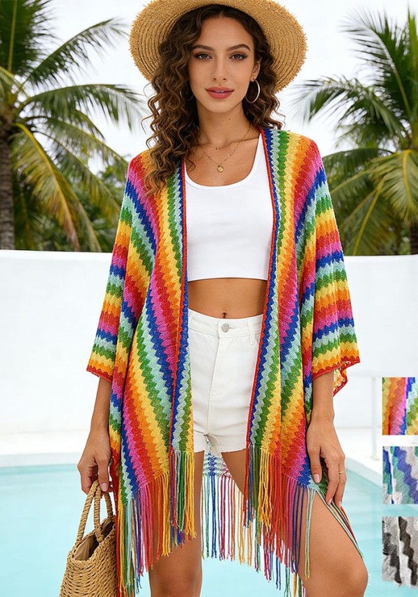 Rainbow Stripe Crochet Hollow Beach Cover-Up Tassel Loose Boho Cardigan