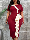 Plus Size Women Summer Burgundy Color-Block Bodycon Dress Asymmetric Ruffle Short Sleeve Office Dress