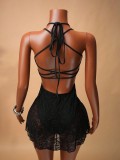 Lace Patchwork Chic Slim Waist Slim Fit Halter Neck Low Back Long Dress