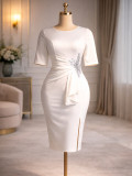 Plus Size Women Summer White Applique Slim Waist Knot Split Half-Sleeve Bodycon Dress