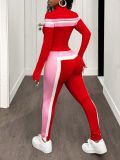 Spring Fashion Street Women Color-Block Patchwork Long Sleeve Zip-Up Casual Three-Piece Pants Set