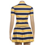 Summer Women Fashion Turndown Collar Striped Sports Trend Short Sleeve Dress