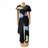 Spring Two-Piece Irregular Print Casual Plus Size Women Pants Set