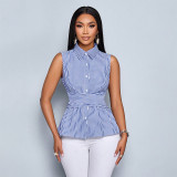 Striped Sleeveless Shirt Summer Lace-Up Slim Waist Slim Fit Women Vest