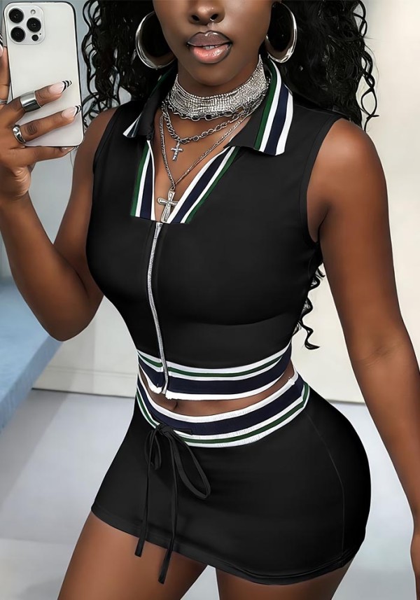 Casual Women Fashion Turndown Collar Solid Sleeveless Crop Top Drawstring Skirt Set