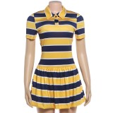 Summer Women Fashion Turndown Collar Striped Sports Trend Short Sleeve Dress