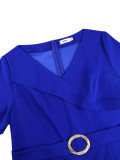Plus Size Women Summer Blue V-Neck Slim Waist Mermaid Short Sleeve Layered Ruffle Mid-Length Dress