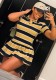 Summer Women Fashion Turndown Collar Striped Sports Trend Short Sleeve Dress