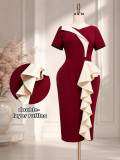 Plus Size Women Summer Burgundy Color-Block Bodycon Dress Asymmetric Ruffle Short Sleeve Office Dress