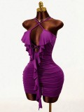 Ruched Dress Sexy Low Back V-Neck Bodycon Ruffle Mini Dress