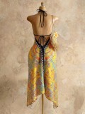 Boho Strappy Deep V Long Dress High-Waist Printed Summer Beach Low Back Sexy Dress