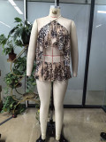 Fashion Leopard Print Halter Neck Lace-Up Vest Open Waist Sexy Ruffle Dress