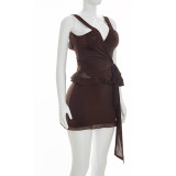 Summer Women Solid Color Strappy Low Back Knot Lace-Up Bodycon Mini Skirt Set