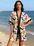 Tropical Floral Print Lace-Trimmed Loose Beach Cover-Up Cardigan