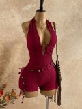 Summer High Street Low Back Circle-Decor Solid Color Women Jumpsuit