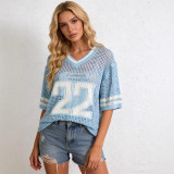 Women Letter Hollow-Knit V-Neck Short Sleeve Loose Sun-Protective Cardigan