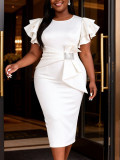 Plus Size Women Summer White Round Neck Ruffle Dress Slim Waist Rhinestone Bow Maxi Bodycon Dress