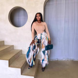 Artistic Tie-Dye Drawstring High-Waist Ruffle Blue-Orange Color Block Loose Casual Pants