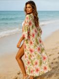 Tropical Hibiscus Print Long Beach Cover-Up Loose Open Front Cardigan Dress