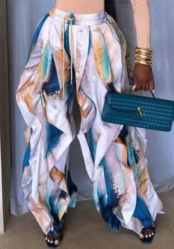 Artistic Tie-Dye Drawstring High-Waist Ruffle Blue-Orange Color Block Loose Casual Pants