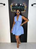 Spring Women Fashion Striped Sleeveless Slim Waist Flared Short Dress