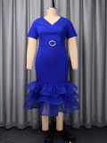 Plus Size Women Summer Blue V-Neck Slim Waist Mermaid Short Sleeve Layered Ruffle Mid-Length Dress