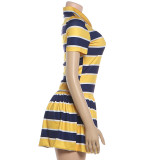 Summer Women Fashion Turndown Collar Striped Sports Trend Short Sleeve Dress