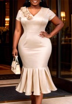 Plus Size Women Summer Champagne V-Neck Floral Slim Waist Mermaid Bodycon Dress