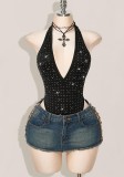 Summer Women Sequin Rhinestone Deep Neck One-Piece Sexy Swimsuit