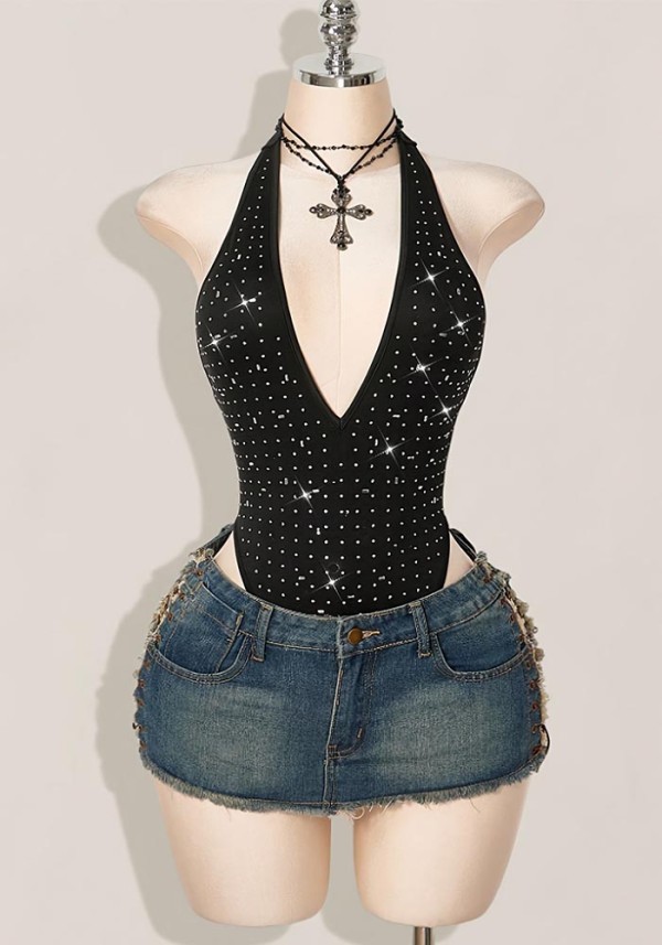 Summer Women Sequin Rhinestone Deep Neck One-Piece Sexy Swimsuit