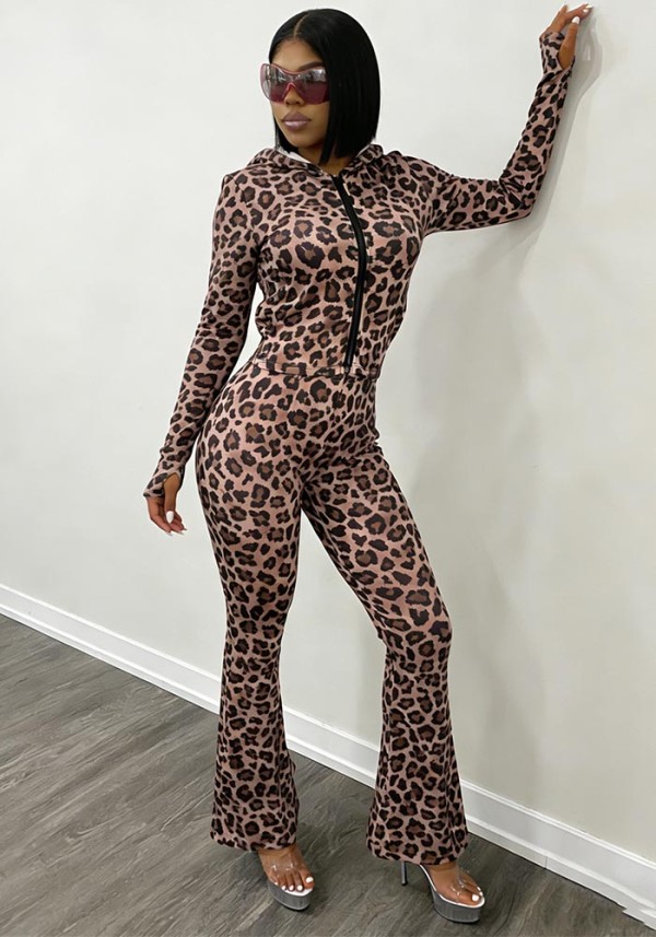 Leopard Print Hooded Zip Top Flare Pants Slim Fit Sexy Leopard Set