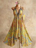 Boho Strappy Deep V Long Dress High-Waist Printed Summer Beach Low Back Sexy Dress