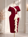 Plus Size Women Summer Burgundy Color-Block Bodycon Dress Asymmetric Ruffle Short Sleeve Office Dress