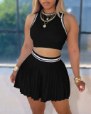Women Sleeveless Crop Top Casual Pleated Skirt Two-Piece Set