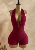 Summer High Street Low Back Circle-Decor Solid Color Women Jumpsuit